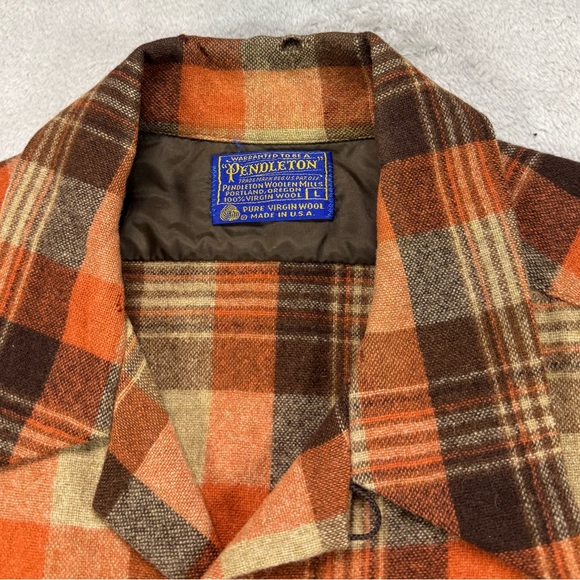 Vintage 70’s Pendleton Boardshirt Loop Collar Rust Orange & Tan Plaid Size Large - Picture 2 of 6
